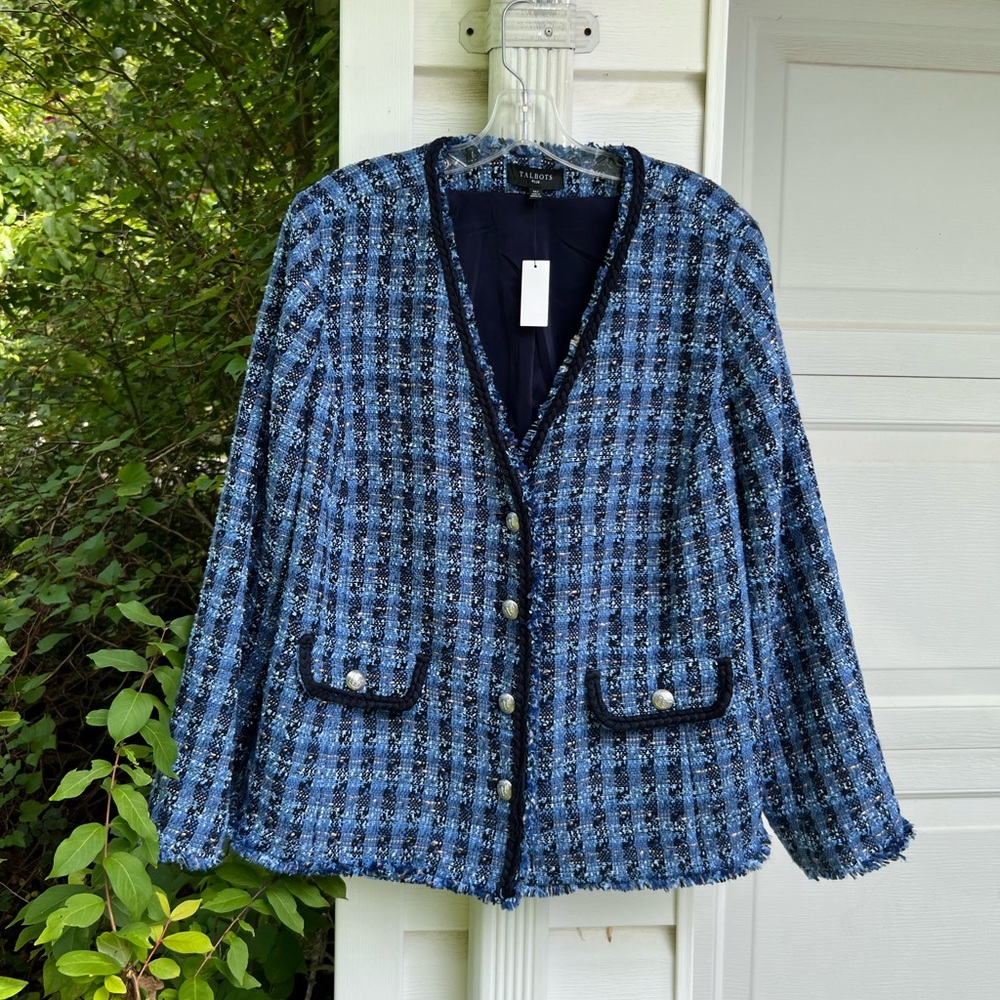 NWT Talbots Gorgeous Blues Khaki Check Braid Trim Lined Blazer Pockets